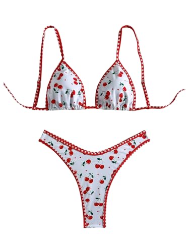 Ensemble bikini coupe haute rouge taille L avec motif cerise et string femme