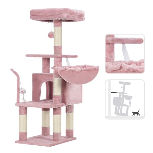 Image of Heybly Cat Tree with Toy, 43.3 inch Cat Tower condo for Indoor Cats, Cat House with Padded Plush Perch, Cozy Hammock and Sisal Scratching Posts, Skin Pink HCT004SP