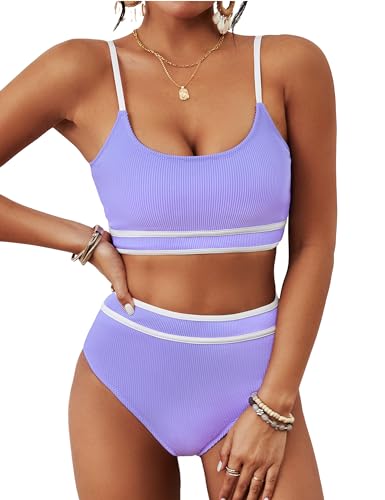 Image of BMJL Women's High Waisted Bikini Ribbed Two Piece Swimsuit High Cut Color Block Adjustable Straps Bathing Suit