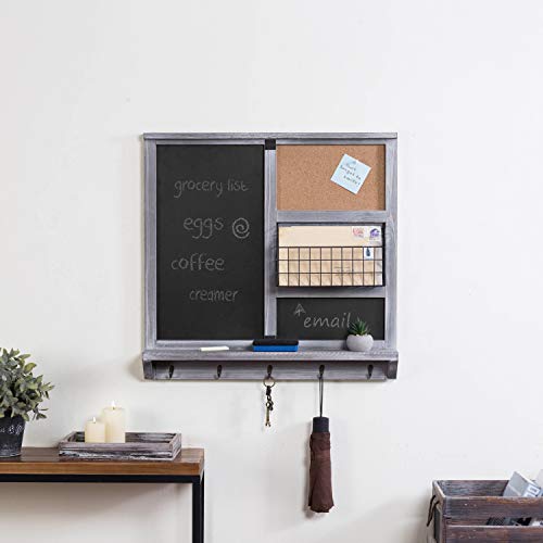 Mygift OFC1165GRY Wall Mounted Vintage Gray Wood Chalkboard/Cork Board Sign With Mail Basket, Shelf, And 5 Key Hooks thumb #2