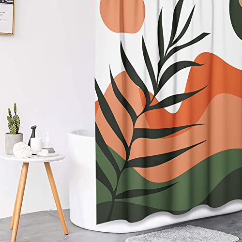 Tayney Boho Mid Century Shower Curtain Set With Toilet Lid Cover And Non-Slip Rugs, Abstract Sun Mountain Plants 4 Pcs Modern Shower Curtain For Bathroom Set With 12 Hooks #TOP3