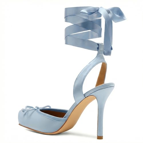 Image of Riekhany Satin Ballet Heels for Women Closed Square Toe Bow Ballerina Heels Lace Up High Heel Slingback Pumps Strappy Stiletto Mary Janes Elegant Party Shoes