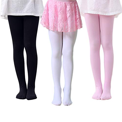 whyme Pack of 3 Kids Girls Baby Ballet Dance Tights Soft Microfiber Footed Velvet Stockings Pantyhose Tights S(black white pink 1-3T)
