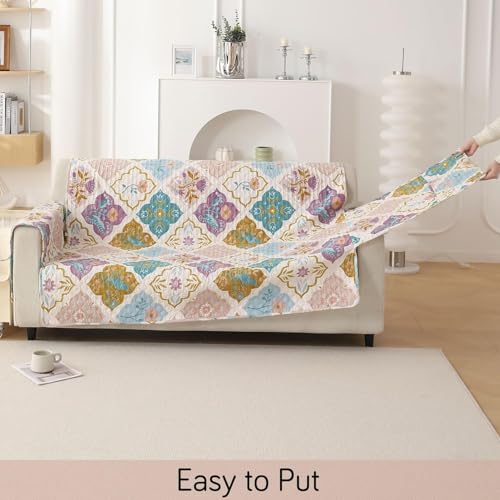 Image of HOKIPO 'VivaCasa Series' Polyester 2 Seater Quilted Sofa Cover with Pockets, Quatrefoil Multicolor (NEW-IN-739-D5)