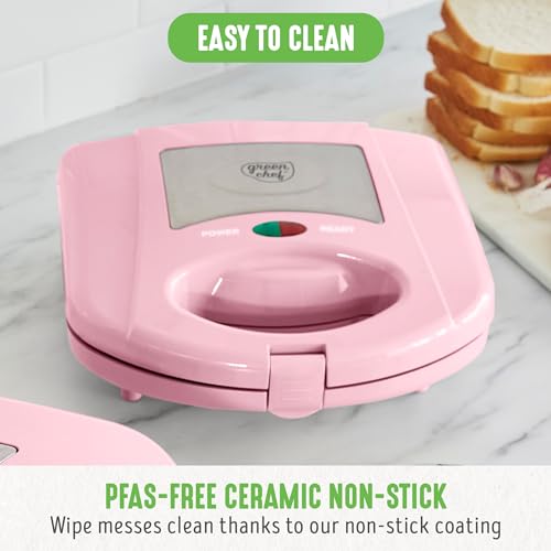 GreenChef Electric 3-in-1 Panini-, Waffel & Sandwichmaker, PFAS-freie Gesunde Keramik-Antihaft, Abnehmbare Spülmaschinenfest Grillplatten, Einfache Kontrollleuchte und Verschließbarer Deckel, Rosa