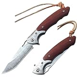 【Scharfes Messer aus Damaststahl】 Der damast taschenmesser wird aus 67 Lagen Stahl sorgfältig geschichtet, geschmiedet und gefaltet, um die Schärfe von Kohlenstoffstahl und die Rostbeständigkeit von Edelstahl zu erhalten. So entsteht ein faszinierendes Muster, das jedes Damastmesser Outdoor zu einem individuellen Kunstwerk macht.