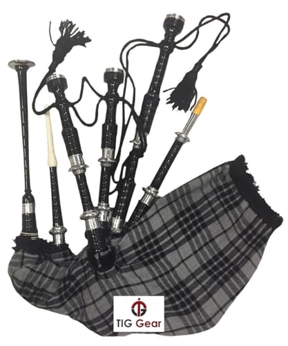 TIG Gear Scottish Bagpipe Rosewood Natural & Black Finish with Silver Plain Mounts Various Tartans Free Tutor Book, Carrying Bag, Drone, Reeds (Black, H Grey)