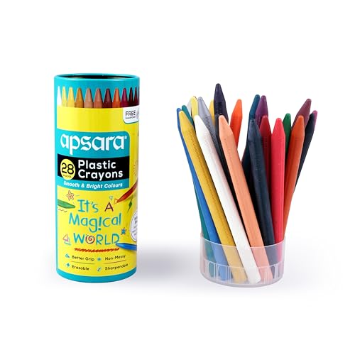 Image of Apsara Plastic Crayons-28 Shades,Smooth & Bright Colours,Better Grip,Non-Messy,Erasable,Sharpenable,Free Sharpner,1 Pc Pack,Ink Color-Multicolor