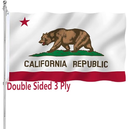 California Republic State Flag Double Sided 3x5 Outdoor Heavy Duty 3 Ply Cali Bear Flags with Durable Canvas Header and ​2 Brass Grommets Vivid Colors CA Flags