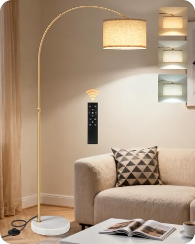 GOEBLESON Lámpara de Pie Arco, Altura Ajustable 158-188cm, con Bombilla LED y Mando, Tegulación Continua de Brillo y 3CCT, Luz Direccional con Cabezal Orientable y Base Pesada, Beige y Oro