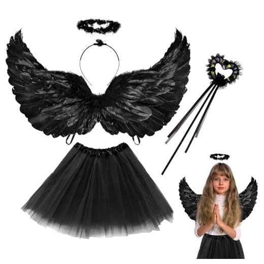 Disfraz negro de ángel de Halloween para mujer SPHERETRON Disfraz con TuTu Rock, 24,4 pulgadas compuesto de alas de pluma, halo y varita mágica, 4, unisex