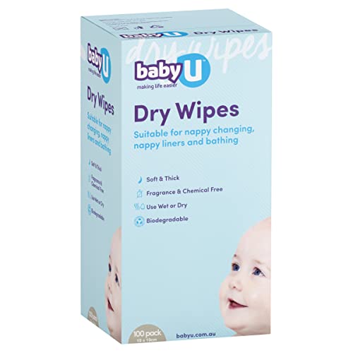 BabyU Dry Wipes, White, 100 Count