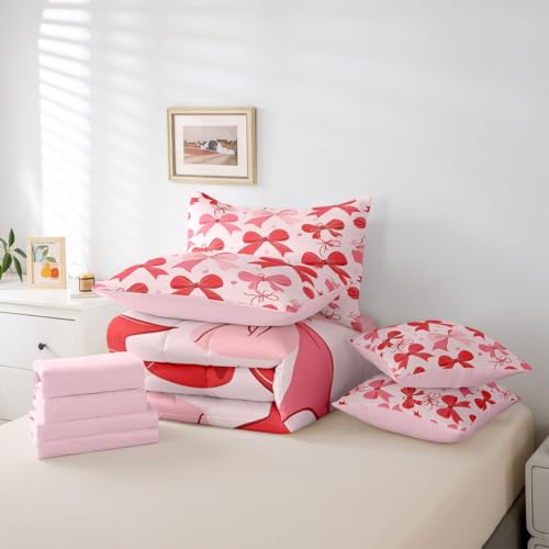 Image of Red Bow Tie 7-Piece Comforter Set Full Bed in a Bag | Pink Bow Bedding Sets Dreamy Princess Style Bowknot Comforter and Sheet Set, Cute Ribbon Bowknot Room Decor