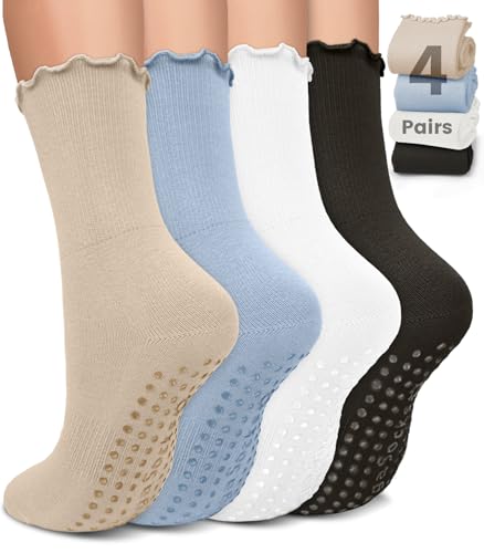 Image of Pilates Socks for Women, Non Slip Grip Socks for Yoga, Barre, Hospital, Grippy Socks Womens Gifts, 4 Pairs