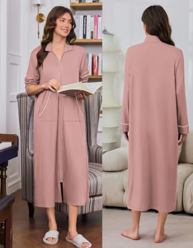 Image of Ekouaer Zipper Robes for Women Long Sleeve Lightweight House Coats with Pockets Zip Up Bathrobe Loungewear S-3XL