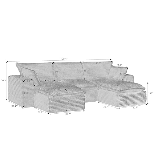 Image of 110 inch Boneless Couch, Modular Cloud Couch Sectional with 2 Ottomans - Double-Layer Memory Foam Deep Seat Couch, Oversized L Shaped Couch for Living Room (Corduroy)
