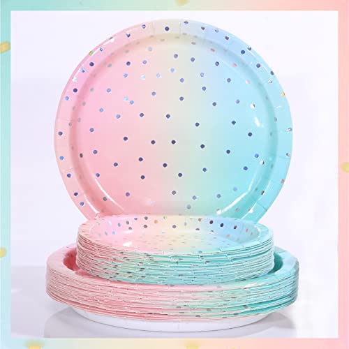 Boocikey 200Pcs Pastel Party Decorations,Sliver Dot Disposable Paper Party Plates Set-Rainbow Paper Plates,Cups,Napkins For Birthday Baby Shower Wedding Rainbow Party #TOP4