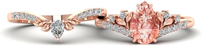Rose Gold Pear Shaped Morganite Engagement Ring Women, Dainty Curved Anniversary Ring Set, Nature Inspired Leaf Anniversary Promise Ring Bridal Set