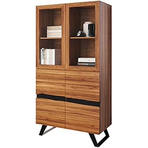 SAM Vitrine Sara, Akazienholz massiv & nussbaumfarben, Highboard mit je Zwei Holz- & Glastüren Cover