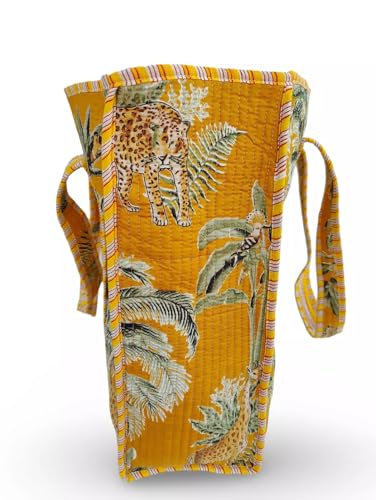 Image of Cotton Tiger Block Print Tote Bag, Indian Handmade Shopping Shoulder Bag, Unisex Market Daily Use