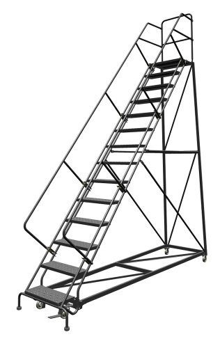 Image of Tri-Arc KDEC114246 14-Step Forward Descent Safety Angle Steel Rolling Industrial and Warehouse Ladder with Perforated Tread, 24-Inch Wide Steps
