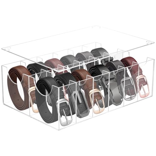 Belt Organizer with Dust Cover, Acrylic 12 Compartments Belt Container