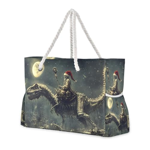 Beach Bag Dinosaur Christmas Hat for Women Large Beach Tote Bag with Zipper for Travel Vacation2