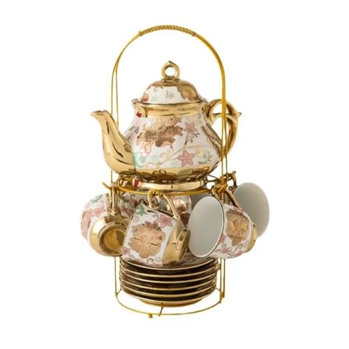 Porcelain Tea Set with Gold Trim Floral Pattern 13-Piece Set with Stand White and Gold European Ceramic tea for adults Flower Tea Tea Set For Women With Flower Painting(yellow)