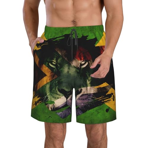 Jamaican Flag Lion Head Men's Quick Dry Swim Trunks Beach Board Shorts Swimming Swimwear