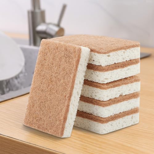 Image of 12pcs Natural Sponges for Dishes, Biodegradable Compostable Cellulose and Coconut Scrubber Sponge, Non-Scratch Reusable Cleaning Sponge for Removing Dirt and Oil in The Kitchen(Brown+White)