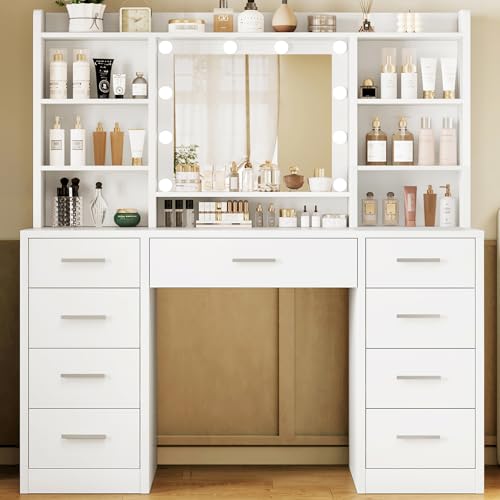 TEENFON Dressing Table with 3-Color LED Lights Mirror Adjustable Brightness Vanity Table Makeup Desk with 9 Drawers and 7 Storage Shelves Modern Vanity Desk for Bedroom Dressing Room White
