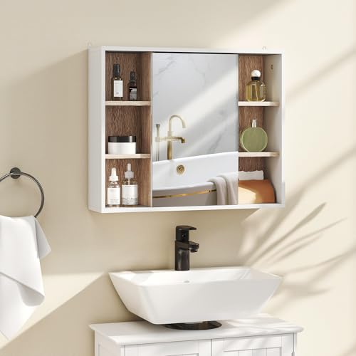 HOMCOM Armoire Murale, Meuble Salle de Bain avec Miroir, Miroir Salle de Bain avec Rangement, Placard à Portes et 6 Compartiments Ouverts, 60 x 14,5 x 49,4...