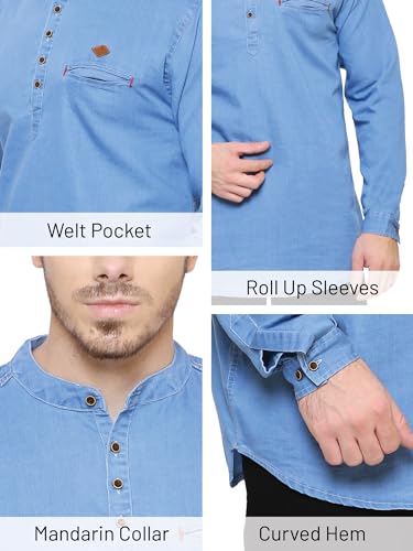 Image of Kuons Avenue Men's Denim Casual Short Kurta | Mandarin Collar | Full Sleeves | Tailored Fit- Stylish Ethnic Wear
