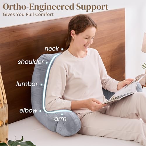 Image of Sasttie Reading Pillow for Bed, Back Pillow for Sitting Up, Dark Grey | 21 inch Backrest Support Cushion for Couch, Sofa, and Floor, Dorm Essentials, OEKO-TEX, Adjustable Down Alternative Fill
