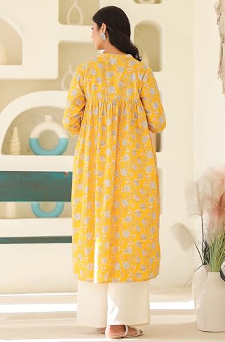 Image of Janasya Women's Pure Cotton Relaxed Fit A Line Floral Printed A-Line Maternity Kurta