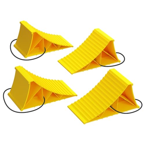 ALAZUR 4Pack Wheel Chocks, Heavy Duty Wheel Blocks with Rope and Non-Slip Mat, Tire Stopper for RV, Travel Trailer, Camper, Truck, Car, Aircraft, Boat, Easy to Use and Storage