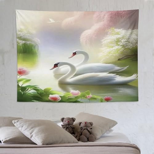 Tapisserie cygne tissu imprimé grand format décoration murale salon