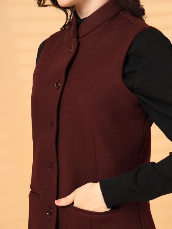 Image of Vastraa Fusion Solid Indian Traditional Ethnic Waistcoat Festive Woolen Nehru Jacket for Women