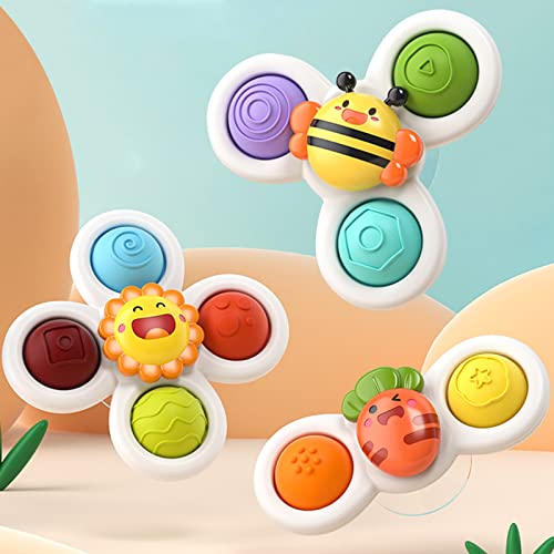 Hooku 3 Pcs Suction Cup Spinner Toys, Baby Fidget Spinner Toy, Spinning Toys for Toddlers 1-3, Sensory Toys Early Education Toys Bathtub Toy Dining Chairs Toys, Birthday Gifts for Baby Boy Girl