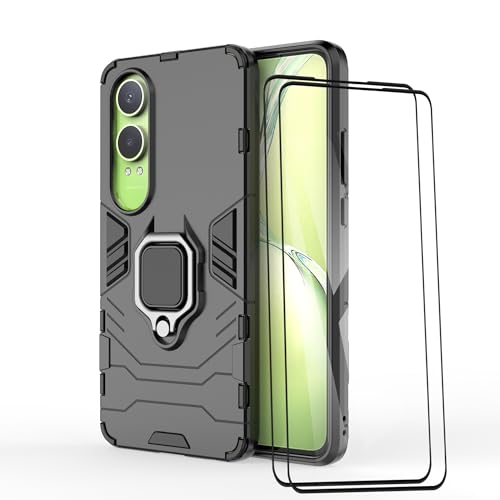ESTH® Funda para OnePlus Nord CE4 Lite 5G con 2 Piezas Protector de Pantalla, Giratorio Soporte de 360°, Compatible con Soporte Magnético para Coche, Carcasa Negro