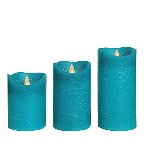 Image of CANDLE CHOICE Battery Operated Flameless Candles with Timer Real Wax Realistic Flickering Electric LED Pillars Automatic Built-in Daily Cycle Timer 6-Hour on 18-Hour Off Set of 3 Rustic Texture Teal