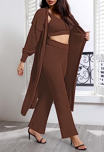 Image of Fixmatti Women's Fuzzy 3 Piece Sweatsuit Open Front Cardigan Crop Tank Tops Wide Legs Pants Lounge Sets