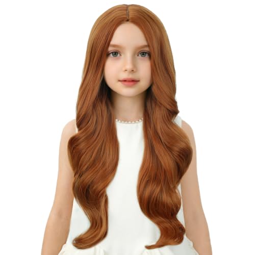 Image of Child Ginger Wig Girls Long Dark Orange Wavy Curly Wig Long Middle Part Wigs for Kids Heat Resistant Synthetic Wigs with Cap