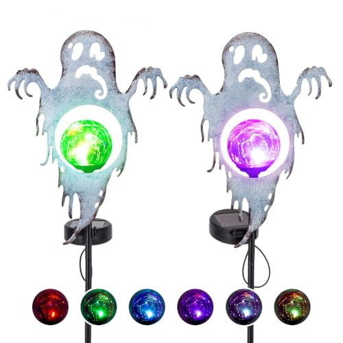 Venniy Halloween Decorations Outdoor 2 Pack,Spooky Ghost Decor Halloween Solar Lights Yard Stakes with Multi-Color LED Lights for Pathway Party Porch Garden Lawn