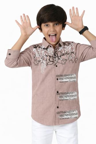 Image of Zilcon Boys Half & Half Long Sleeve Shirts Classic Collared Button-Down Tshirt Solid Cotton Letter Printed Kids & Junior Boys Shirt