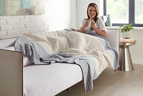 Crafted By Catherine Heathered Border Cozy Knit Throw Blanket 60" X 70" Inches, Soft Comfy Decorative Throw For Couch Bed Sofa Travel, Stripe Cream And Blue #TOP1