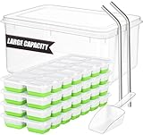 56pcs Ice Cube Tray with Lid and Bin – Stackable 4 Trays Silicone Plastic Freezer Mold, Large Ice Bucket with Scoop & 2 SS Straws – Easy Release Ice Maker for Cocktail, Coffee, RV, Whiskey