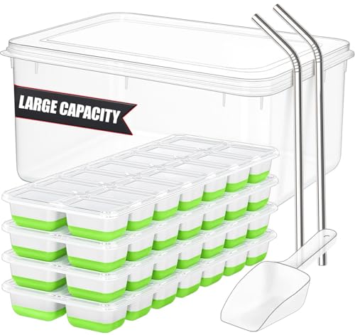 Image of 56pcs Ice Cube Tray with Lid and Bin – Stackable 4 Trays Silicone Plastic Freezer Mold, Large Ice Bucket with Scoop & 2 SS Straws – Easy Release Ice Maker for Cocktail, Coffee, RV, Whiskey