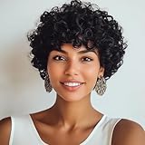 BOBCOO Short Curly Wigs For Black Women Short Afro Curly Wigs For African American Afro Natural Curly Puff Wig Daily Use Soft Afro Curly Wig With Bangs Synthetic Natural Black Full Machine Made Wigs