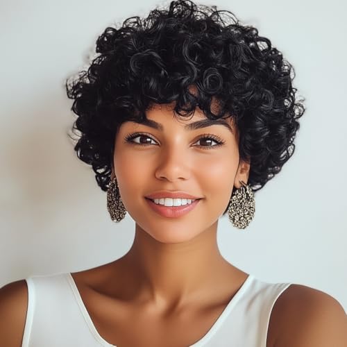BOBCOO Short Curly Wigs For Black Women Short Afro Curly Wigs For African American Afro Natural Curly Puff Wig Daily Use Soft Afro Curly Wig With Bangs Synthetic Natural Black Full Machine Made Wigs